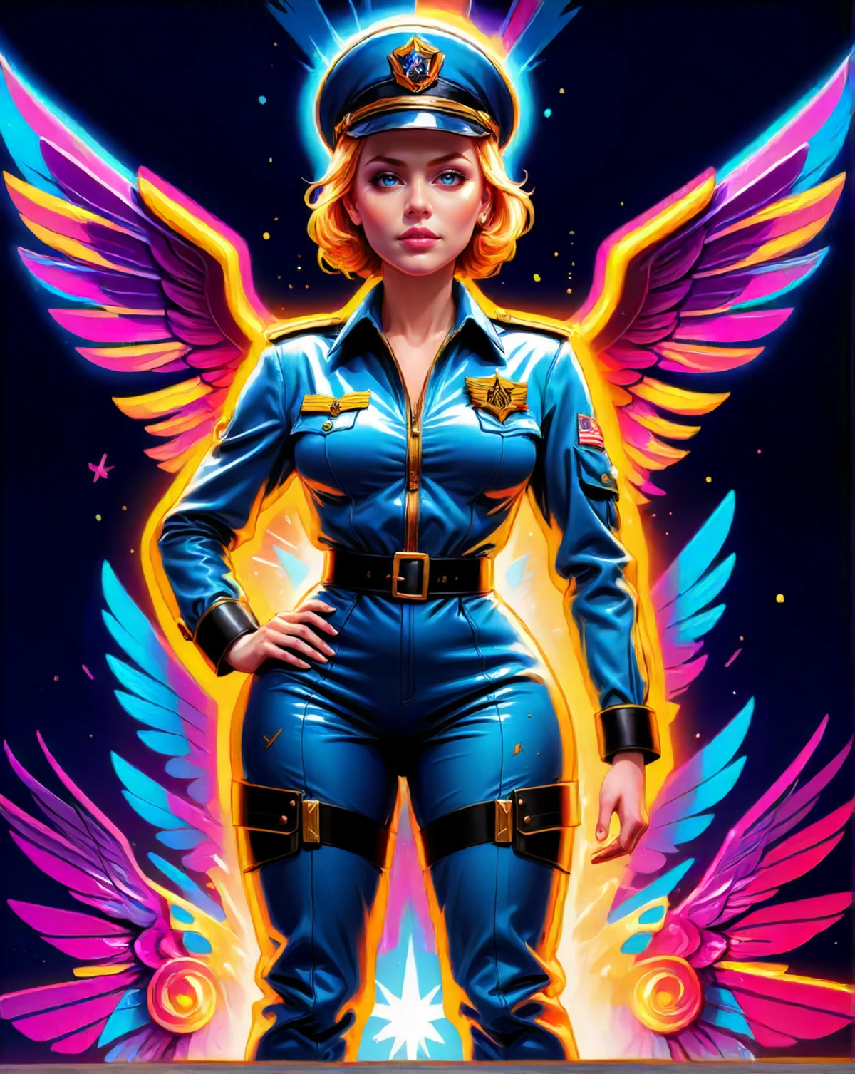 1940's military-woman with Angular body shape and Cocoa Skin, wearing American Women Airforce Service Pilots (WASP) Uniform: Santiago blue, dress uniform/coveralls, flight/garrison cap, insignia, pilot's wings
<lora:SDXLFaeTastic2400:0.31>
<lora:EnvyMysticNeonXL01:0.91> <lora:EnvyEnhanceXL01a:0.31> <lora:EnvyDramaticLightingXL01:0.31> <lora:EnvyActionShotXL01:0.51>