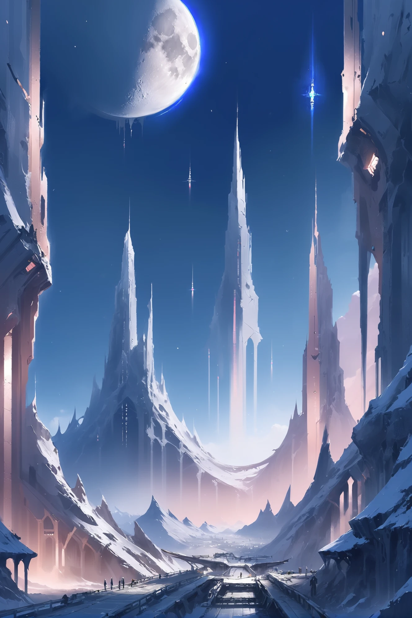 ruined,mountainside scifi village in a Lunar Mountain Ranges<lora:EnvyMysticNeonXL01:1>