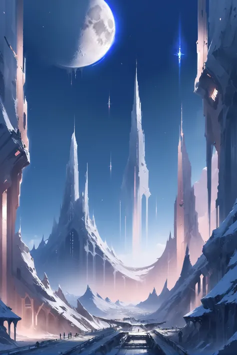 ruined,mountainside scifi village in a Lunar Mountain Ranges<lora:EnvyMysticNeonXL01:1>