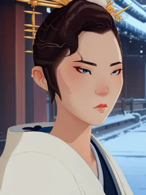 full color drawing  of  Mizu, woman,adorned in a white homongi, empty street, Edo period, closeup, epic character composition,by ilya kuvshinov, manon bailly, drawing  <lora:BlueEyeSamurai:1>   <lora:epiNoiseoffset_v2:1>