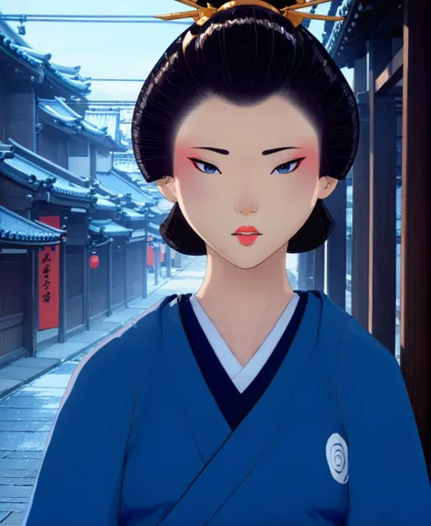 full color drawing of Akemi,makeup,clad in a blue hakama, empty street, Edo period, upper body, epic character composition,by ilya kuvshinov, manon bailly, drawing <lora:BlueEyeSamurai:1> <lora:xl_more_art-full_v1:0.7>