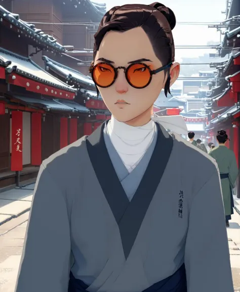 full color drawing  of  Mizu, sunglasses,dressed in a grey kurotomesode, empty street, Edo period, upper body, epic character composition,by ilya kuvshinov, manon bailly, drawing  <lora:BlueEyeSamurai:1>  <lora:xl_more_art-full_v1:0.7>