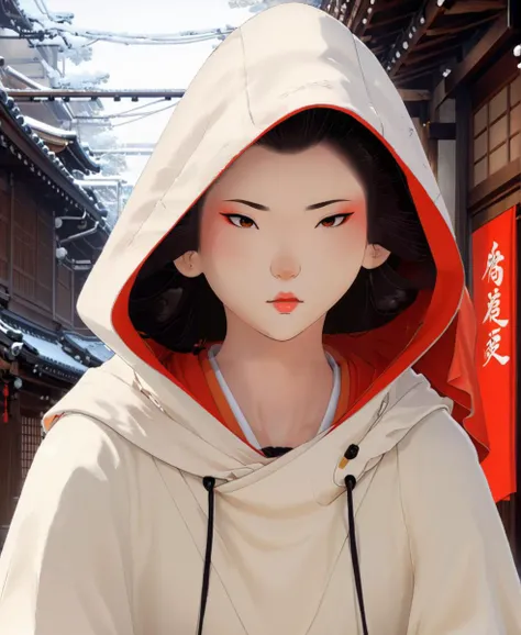 full color drawing of Akemi,cloak,hood up,looking down,adorned in a white homongi, empty street, Edo period, closeup, epic character composition,by ilya kuvshinov, manon bailly, drawing <lora:BlueEyeSamurai:1> <lora:xl_more_art-full_v1:1>