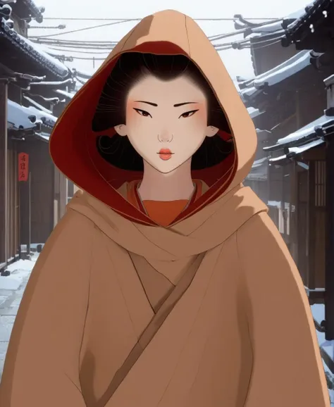 full color drawing  of  Akemi,cloak,hood up,looking down,in a brown shiromuku, empty street, Edo period, upper body, epic character composition,by ilya kuvshinov, manon bailly, drawing  <lora:BlueEyeSamurai:1>