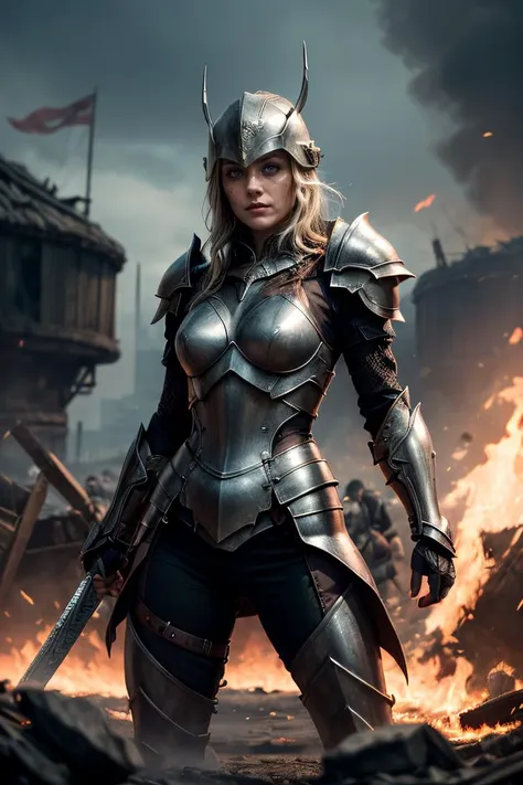 fierce female warrior, standing in the midst of a roaring battlefield. She is armored in a suit of gleaming, intricately designed plate armor, reflecting the chaos around her. Her helmet, adorned with the visage of a snarling dragon, adds to her intimidating presence. In her hands, she wields a massive two-handed sword, its blade etched with runes and still steaming from the heat of battle. Her stance is one of unbreakable resolve, her muscles tense and ready for the next onslaught. Her eyes, visible beneath the helm, burn with a fire of determination and unyielding courage. The ground around her is scarred and smoldering, a testament to the ferocity of the combat. Despite the chaos, she stands as an unmovable force, a warrior queen in her own right, fearless in the face of overwhelming odds,, <lora:more_details:0.8>, (freckles, smiling:1), (looking at the viewer:1.1), ,