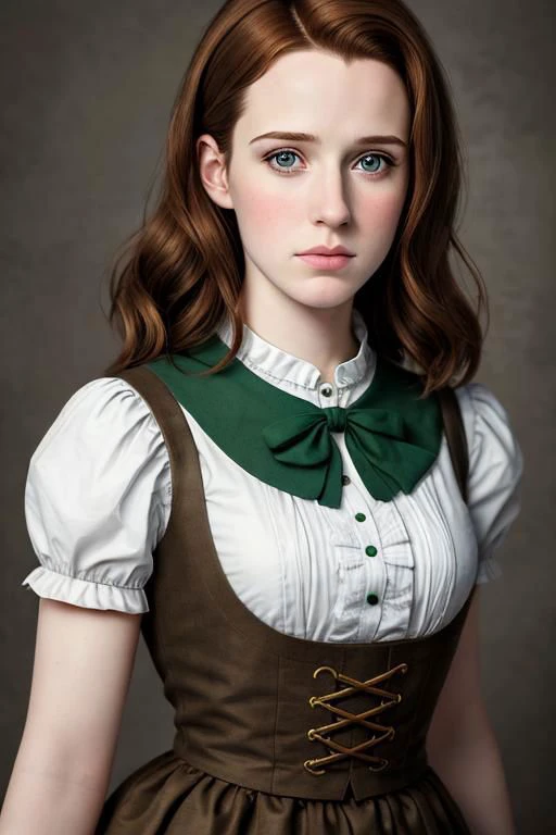 (masterpiece, 8k, photorealistic, solid background) 1girl, (Rachel Brosnahan:0.6),(Anna Kendrick:0.6), (Natalie Portman:0.7), [auburn hair|brown hair:0.5], [gray eyes|green eyes:0.6], (sharp chin:1.4), (23 years old), (portrait:1.4), dirndl
