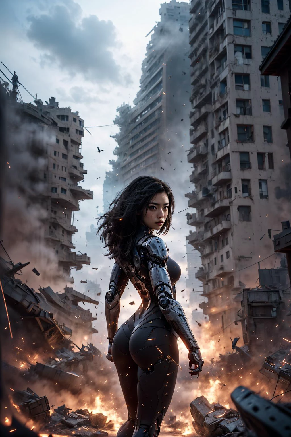 Epic CG masterpiece, hdr,dtm, full ha,8K, ultra detailed graphic tension, dynamic poses, stunning colors, 3D rendering, surrealism, cinematic lighting effects, realism, 00 renderer, super realistic, full - body photos, super vista, super wide Angle, HDï¼
In a futuristic abandoned city, a girl with a huge mechanical arm is engaged in a fierce struggle with the enemy, Her name is Alita, a fighting angel from the future world, Her eyes are firm and resolute, showing the desire for victory, high-definition picture, real effect, hyper-realistic portraits, xiaofei yue, uniformly staged images, flat yet expressive, gothï¼
<lora:绪å¿-é¿ä¸½å¡ Alita:0.8>