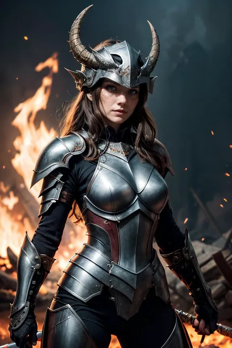 fierce female warrior, standing in the midst of a roaring battlefield. She is armored in a suit of gleaming, intricately designed plate armor, reflecting the chaos around her. Her helmet, adorned with the visage of a snarling dragon, adds to her intimidating presence. In her hands, she wields a massive two-handed sword, its blade etched with runes and still steaming from the heat of battle. Her stance is one of unbreakable resolve, her muscles tense and ready for the next onslaught. Her eyes, visible beneath the helm, burn with a fire of determination and unyielding courage. The ground around her is scarred and smoldering, a testament to the ferocity of the combat. Despite the chaos, she stands as an unmovable force, a warrior queen in her own right, fearless in the face of overwhelming odds,, <lora:more_details:0.8>, (freckles, smiling:1), (looking at the viewer:1.1), ,