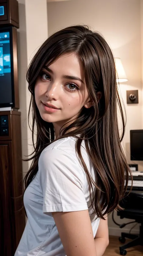 high quality, Best quality, detailed, woman, beautiful, brown hair, room, hearts, gameroom,