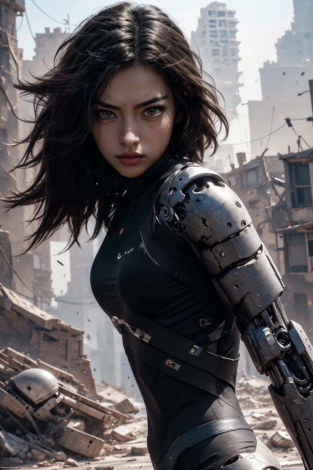Epic CG masterpiece, hdr,dtm, full ha,8K, ultra detailed graphic tension, dynamic poses, stunning colors, 3D rendering, surrealism, cinematic lighting effects, realism, 00 renderer, super realistic, full - body photos, super vista, super wide Angle, HDï¼
In a futuristic abandoned city, a girl with a huge mechanical arm is engaged in a fierce struggle with the enemy, Her name is Alita, a fighting angel from the future world, Her eyes are firm and resolute, showing the desire for victory, high-definition picture, real effect, hyper-realistic portraits, xiaofei yue, uniformly staged images, flat yet expressive, gothï¼
<lora:绪å¿-é¿ä¸½å¡ Alita:0.8>