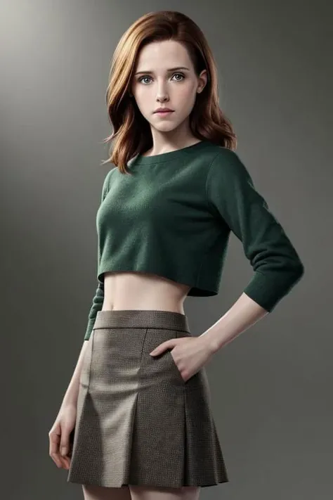 (masterpiece, 8k, photorealistic, solid background) 1girl, (Rachel Brosnahan:0.6),(Anna Kendrick:0.6), (Natalie Portman:0.7), [auburn hair|brown hair:0.5], [gray eyes|green eyes:0.6], (sharp chin:1.4), (23 years old), crop top and skirt