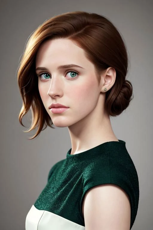 (masterpiece, 8k, photorealistic, solid background) 1girl, (Rachel Brosnahan:0.6),(Anna Kendrick:0.6), (Natalie Portman:0.7), [auburn hair|brown hair:0.5], [gray eyes|green eyes:0.6], (sharp chin:1.4), (23 years old), dress