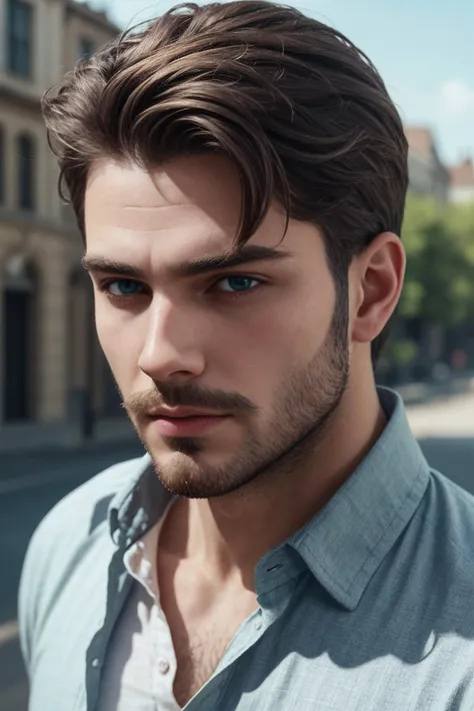 man, thinning beard, no mustache, [light blue eyes], blue-green eyes, (closed mouth:1.1), upper body,, (masterpiece, high quality, best quality:1.3), extremely detailed, extremely intricate, realistic, hyperrealistic, fine texture, Extremely high-resolution details, natural lighting