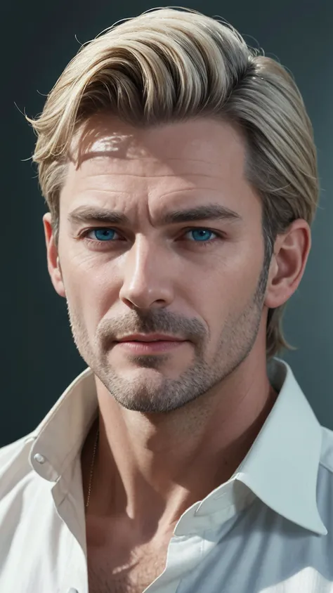 (male:1.1), (mature man:1.3), [light blue eyes], blue-green eyes, (closed mouth:1.1), upper body, official wallpaper, official art, blonde hair,, (masterpiece, high quality, best quality:1.3), extremely detailed, extremely intricate, realistic, hyperrealistic, fine texture, Extremely high-resolution details, natural lighting