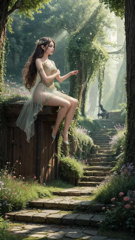 Fairy tale (masterpiece, high quality, best quality:1.3), extremely detailed, extremely intricate, fairy:1.5, (1fairy), (wingswithsparkles), (longflowinghair), (magicalatmosphere), (pointy ears:1.2), (mysteriousaura), (naturebackground), flowers:1.3, (radiantskin), (glitteringeyes), whimsicalclothing, (translucent:1.2), (delicatewings), (shinyeffects), (magicenergy:1.4), (etherealbeauty), greenforest:1.8, <lora:add_detail:0.5>,  . Magical, fantastical, enchanting, storybook style, highly detailed