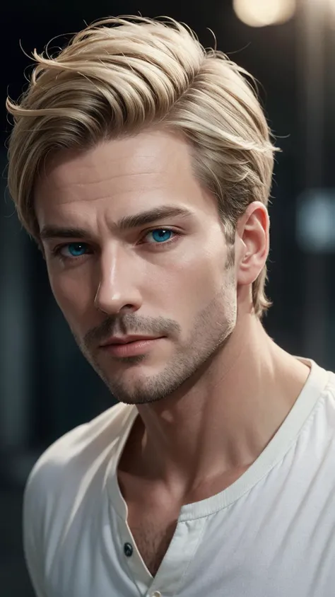 (male:1.1), (mature man:1.3), [light blue eyes], blue-green eyes, (closed mouth:1.1), upper body, official wallpaper, official art, blonde hair,, (masterpiece, high quality, best quality:1.3), extremely detailed, extremely intricate, realistic, hyperrealistic, fine texture, Extremely high-resolution details, natural lighting