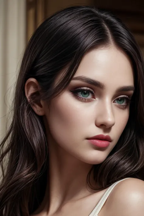(masterpiece, high quality, best quality:1.3), extremely detailed, realistic, (hyperrealistic:1.2), fine texture, Extremely high-resolution details, (beautiful:1.2), (white skin), young 25 years old, green eyes, (monolid eyes, arched eyebrows, eyelash, eye contour, eyeshadow:1.2), (thin lips, pink lipstick), (makeup), 157cm tall, (wavy hair), (long hair, black hair:1.4), (everything Detailed), <lora:add_detail:0.8>, upper body, (perfect face, perfect eyes, perfect lips, perfect hair), (Closed mouth:1.5), (detailed lips, detailed eyes, detailed hair, detailed face), natural lighting,