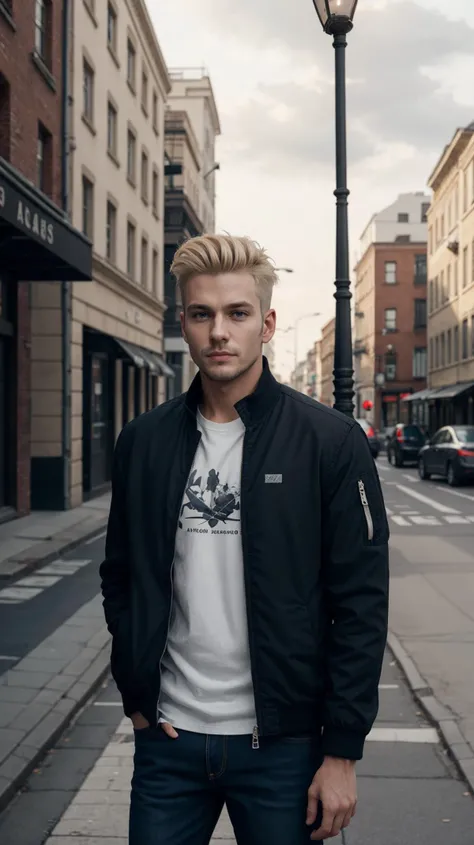 adult man, blonde hair, brown eyes, black jacket, jeans, sneakers, urban setting, streetlights, evening light, city background, realistic style, portrait shot, overcast sky, (masterpiece:1.1), (high quality:1.1), (best quality:1.3), extremely detailed, extremely intricate, realistic, hyperrealistic, fine texture, extremely high-resolution details, natural lighting,