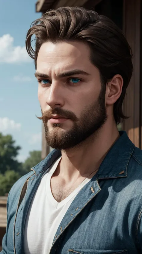 man, thinning beard, no mustache, [light blue eyes], blue-green eyes, (closed mouth:1.1), upper body, official wallpaper, official art,, (masterpiece, high quality, best quality:1.3), extremely detailed, extremely intricate, realistic, hyperrealistic, fine texture, Extremely high-resolution details, natural lighting