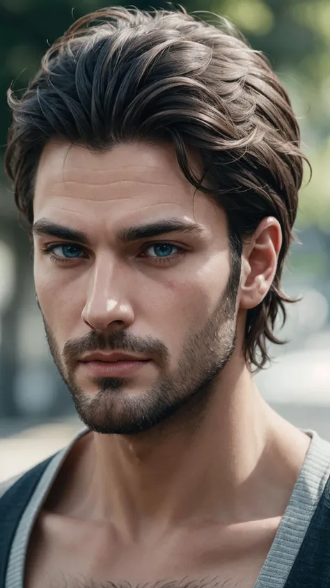 man, thinning beard, no mustache, [light blue eyes], blue-green eyes, (closed mouth:1.1), upper body, official wallpaper, official art,, (masterpiece, high quality, best quality:1.3), extremely detailed, extremely intricate, realistic, hyperrealistic, fine texture, Extremely high-resolution details, natural lighting