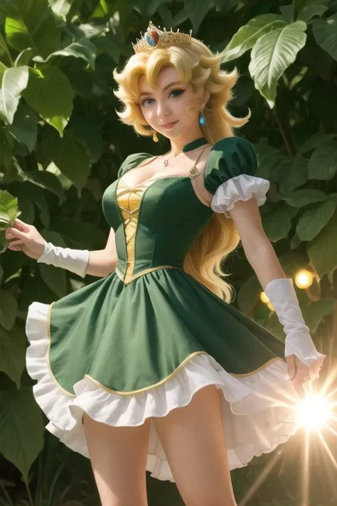 (actual, high resolution:1.2), Super detailed, glinda (From the Wizard of Oz), Feathers on the buttocks, Holding the lever arm, Off-the-shoulder dress, crown, Detachable sleeves, collar, Armored boots, feather updo, facing forward, looking at the audience