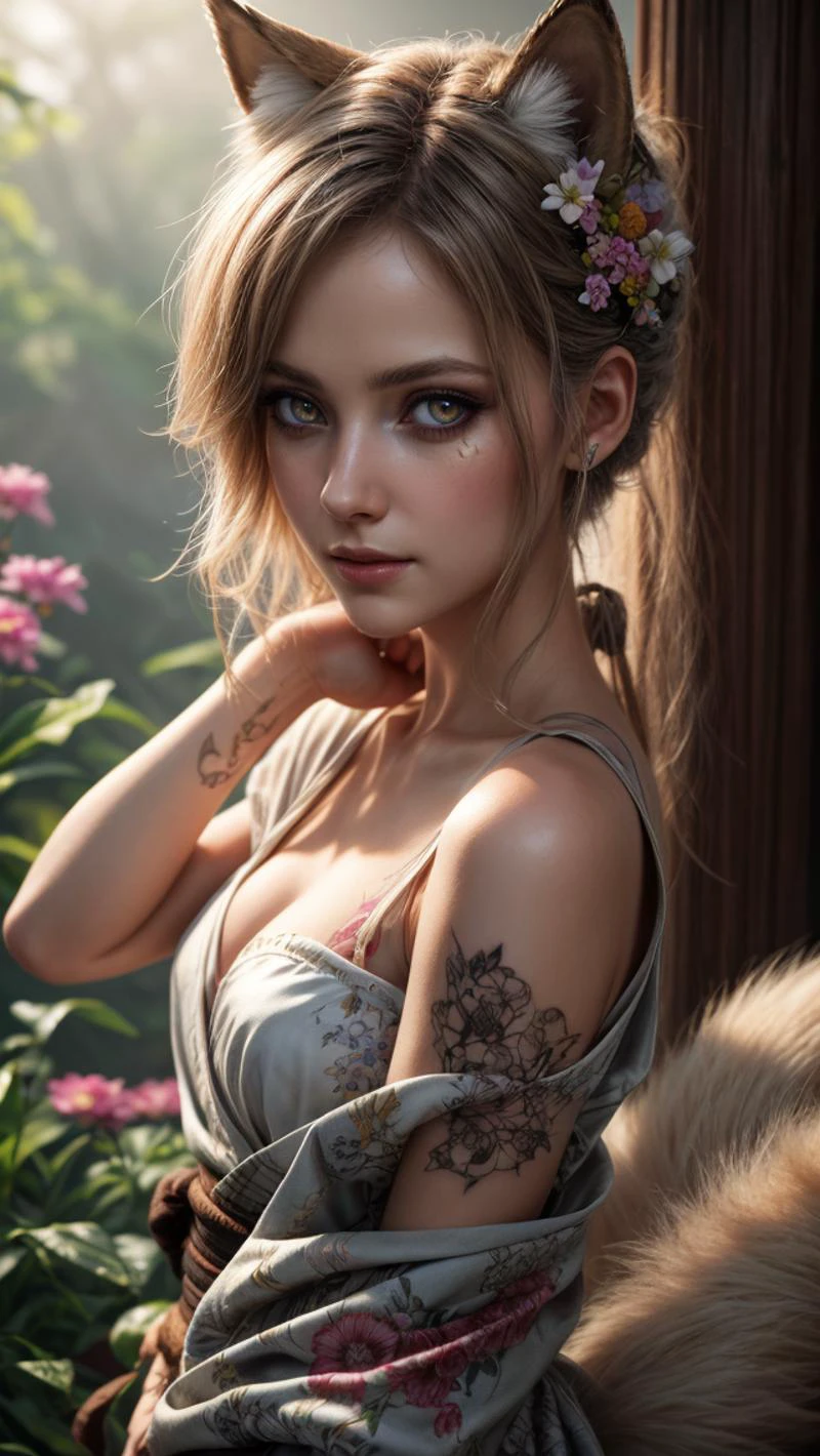 day, garden, river, waterfall, flowers, mist, butterflies, (detailed realistic background:1.33), ray tracing, BREAK
eye contact, looks at the viewer, (full shot:1.19), (full body:1.27), ((full body view)), BREAK
1girl, kitsune girl, golden bands, beautiful face, thick eyelashes, glowing white eyes, fox ears, fluffy fox tail, long flowy hair, cute smile, dark eyeshadow, (glowing shoulders tattoos:1.17), (glowing tattoos:1.3), (hair over one eye:1.22), floral decoration in hair, blush, (white floral kimono), small breasts, BREAK
<lora:more_details:0.7>
<lora:locon_perfecteyes_v1_from_v1_64_32:1>
<lora:epi_noiseoffset2:0.3>, ((masterpiece, best quality), ultra realistic 8k), UHD, HDR, high resolution, (cinematic look), cinematic lighting, soft cinematic light, cinematic bloom, soothing tones, insane details, abundant details, intricate details, hyperdetailed, photorealistic, realism pushed to extreme, incredibly lifelike, highest quality, detailed background, dramatic lighting, sharp focus, BREAK, ((epic realistic)), (realism pushed to extreme), hyperrealistic art, photographic, dramatic, incredibly lifelike, BREAK
neutral colors, soothing tones, (hdr:1.4), (muted colors:1.4), (technicolor:0.9), (artstation:1.2), BREAK
detailed, extremely high-resolution details, intricate details, fine texture, BREAK, ((intricate details)), hdr, ((intricate details, hyperdetailed)), extremely high-resolution details, BREAK