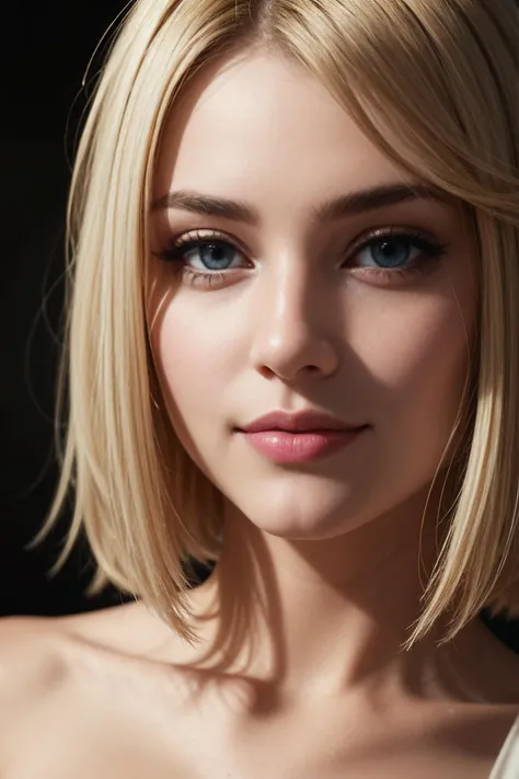 beautiful sensual woman face, (blonde hair:1.1), blue eyes, soft smooth skin, perfect makeup, glossy lips, shy smile, fine details, realistic lighting, 4k resolution, portrait mode, extremely detailed, extremely intricate,, (masterpiece, high quality, best quality:1.3), extremely detailed, extremely intricate, photorealistic,