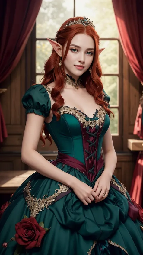 sexy, (seductivesmile:1.1), spellcasting, mysteriousatmosphere, (fantasy:1.4), florest scenery, <lora:edgFantasyGown:0.9>, (edgfd ballgown:1.5), (fantasy dress:1.1), (long dress:1.1), (ballgown with a lot of roses:1.1), hearts, flowers,, (masterpiece, high quality, best quality:1.3), extremely detailed, extremely intricate, realistic, hyperrealistic, fine texture, Extremely high-resolution details, 25 year old young, (elf, pointy ears:1.12), (reddish hair:1.3), almond eyes, (green eyes), [long hair], [curly hair], (eye shadow:1.1), 162cm tall, oval face, snub nose, heart-shaped lips, (arched eyebrows), (skinny:1.1)