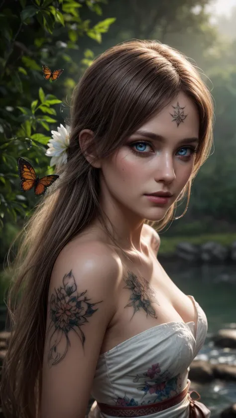 day, garden, river, waterfall, flowers, mist, butterflies, (detailed realistic background:1.33), ray tracing, BREAK
eye contact, (full shot, full body, full body view), BREAK
((with a fan in his hands)), 1girl, kitsune girl, golden bands, blushing, beautiful face, thick eyelashes, glowing white eyes, fox ears, fluffy fox tail, long flowy hair, cute smile, dark eyeshadow, (glowing shoulders tattoos, glowing tattoos:1.3), (hair over one eye:1.22), floral decoration in hair, blush, white floral kimono, small breasts, BREAK
<lora:more_details:0.7>
<lora:locon_perfecteyes_v1_from_v1_64_32:1>
<lora:epi_noiseoffset2:0.3>, ((masterpiece, best quality), ultra realistic 8k), UHD, HDR, high resolution, (cinematic look), cinematic lighting, soft cinematic light, cinematic bloom, soothing tones, insane details, abundant details, intricate details, hyperdetailed, photorealistic, realism pushed to extreme, incredibly lifelike, highest quality, detailed background, dramatic lighting, sharp focus, BREAK, ((intricate details)), hdr, ((intricate details, hyperdetailed)), extremely high-resolution details, BREAK, ((epic realistic)), (realism pushed to extreme), hyperrealistic art, photographic, dramatic, incredibly lifelike, BREAK
neutral colors, soothing tones, (hdr:1.4), (muted colors:1.4), (technicolor:0.9), (artstation:1.2), BREAK
detailed, extremely high-resolution details, intricate details, fine texture, BREAK