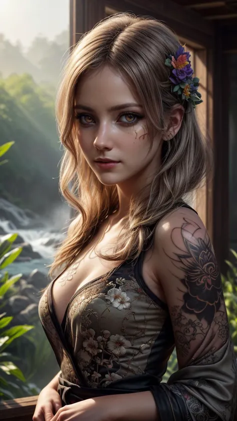 day, garden, river, waterfall, flowers, mist, butterflies, (detailed realistic background:1.33), ray tracing, BREAK
eye contact, (full shot, full body, full body view), BREAK
((with a fan in his hands)), 1girl, kitsune girl, golden bands, blushing, beautiful face, thick eyelashes, glowing white eyes, fox ears, fluffy fox tail, long flowy hair, cute smile, dark eyeshadow, (glowing shoulders tattoos, glowing tattoos:1.3), (hair over one eye:1.22), floral decoration in hair, blush, white floral kimono, small breasts, BREAK
<lora:more_details:0.7>
<lora:locon_perfecteyes_v1_from_v1_64_32:1>
<lora:epi_noiseoffset2:0.3>
<lora:ShinobiTech:0.2>
<lora:YinYangTech:0.5>, ((masterpiece, best quality), ultra realistic 8k), UHD, HDR, high resolution, (cinematic look), cinematic lighting, soft cinematic light, cinematic bloom, soothing tones, insane details, abundant details, intricate details, hyperdetailed, photorealistic, realism pushed to extreme, incredibly lifelike, highest quality, detailed background, dramatic lighting, sharp focus, BREAK, ((intricate details)), hdr, ((intricate details, hyperdetailed)), extremely high-resolution details, BREAK, ((epic realistic)), (realism pushed to extreme), hyperrealistic art, photographic, dramatic, incredibly lifelike, BREAK
neutral colors, soothing tones, (hdr:1.4), (muted colors:1.4), (technicolor:0.9), (artstation:1.2), BREAK
detailed, extremely high-resolution details, intricate details, fine texture, BREAK