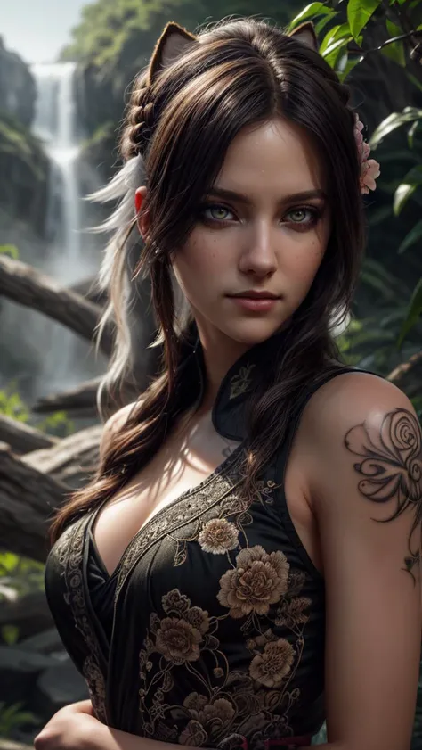 day, garden, river, waterfall, flowers, mist, butterflies, (detailed realistic background:1.33), ray tracing, BREAK
eye contact, (full shot, full body, full body view), BREAK
((with a fan in his hands)), 1girl, kitsune girl, golden bands, blushing, beautiful face, thick eyelashes, glowing white eyes, fox ears, fluffy fox tail, long flowy hair, cute smile, dark eyeshadow, (glowing shoulders tattoos, glowing tattoos:1.3), (hair over one eye:1.22), floral decoration in hair, blush, white floral kimono, small breasts, BREAK
<lora:more_details:0.7>
<lora:locon_perfecteyes_v1_from_v1_64_32:1>
<lora:epi_noiseoffset2:0.3>
<lora:ShinobiTech:0.2>
<lora:YinYangTech:0.5>, ((masterpiece, best quality), ultra realistic 8k), UHD, HDR, high resolution, (cinematic look), cinematic lighting, soft cinematic light, cinematic bloom, soothing tones, insane details, abundant details, intricate details, hyperdetailed, photorealistic, realism pushed to extreme, incredibly lifelike, highest quality, detailed background, dramatic lighting, sharp focus, BREAK, ((intricate details)), hdr, ((intricate details, hyperdetailed)), extremely high-resolution details, BREAK, ((epic realistic)), (realism pushed to extreme), hyperrealistic art, photographic, dramatic, incredibly lifelike, BREAK
neutral colors, soothing tones, (hdr:1.4), (muted colors:1.4), (technicolor:0.9), (artstation:1.2), BREAK
detailed, extremely high-resolution details, intricate details, fine texture, BREAK