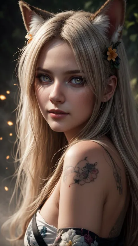 day, garden, river, waterfall, flowers, mist, butterflies, (detailed realistic background:1.33), ray tracing, BREAK
eye contact, looks at the viewer, (full shot:1.19), (full body:1.27), ((full body view)), BREAK
1girl, kitsune girl, golden bands, beautiful face, thick eyelashes, glowing white eyes, fox ears, fluffy fox tail, long flowy hair, cute smile, dark eyeshadow, (glowing shoulders tattoos:1.17), (glowing tattoos:1.3), (hair over one eye:1.22), floral decoration in hair, blush, (white floral kimono), small breasts, BREAK
<lora:more_details:0.7>
<lora:locon_perfecteyes_v1_from_v1_64_32:1>
<lora:epi_noiseoffset2:0.3>, ((masterpiece, best quality), ultra realistic 8k), UHD, HDR, high resolution, (cinematic look), cinematic lighting, soft cinematic light, cinematic bloom, soothing tones, insane details, abundant details, intricate details, hyperdetailed, photorealistic, realism pushed to extreme, incredibly lifelike, highest quality, detailed background, dramatic lighting, sharp focus, BREAK, ((epic realistic)), (realism pushed to extreme), hyperrealistic art, photographic, dramatic, incredibly lifelike, BREAK
neutral colors, soothing tones, (hdr:1.4), (muted colors:1.4), (technicolor:0.9), (artstation:1.2), BREAK
detailed, extremely high-resolution details, intricate details, fine texture, BREAK, ((intricate details)), hdr, ((intricate details, hyperdetailed)), extremely high-resolution details, BREAK