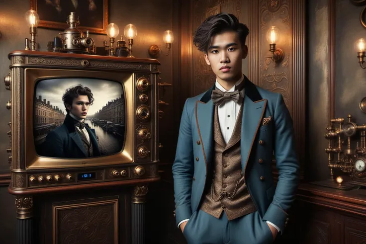 Steampunk style photorealistic,  8k,  ultrahigh resolution,  prefect composition, (full body photo:1.3),  steampunknoireai ,  1boy,  GeorgianStyle clothed 21 yo Asian boy watching nude male on large TV on the wall in London pub,  ultra detailed face,  detailed hairs,  lean body,  narrow shoulders,  narrow waist,  narrow hips,  building crotch, (portrait of nude male on the wall:1.2) high detailed background,  dimmed light,   (((wide lens))), (amazing, Ultra Realistic, exaggerated, detailed background:1.1),  great lighting,  Antique,  mechanical,  brass and copper tones,  gears,  sigma 24mm f/1.4 intricate,  detailed, <lora:great_lighting:2>, <lora:SteamPunkNoireAIp:0.5>, <lora:GeorgianStyle:0.5>