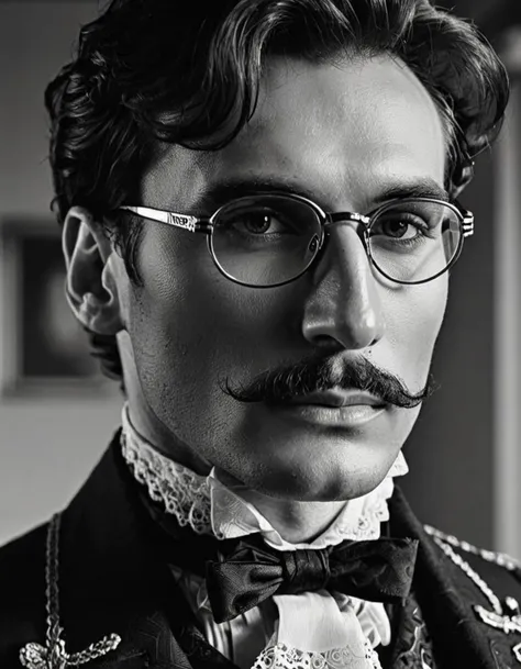 GeorgianStyle, A close-up portrait of a man with moustache and glasses, looking serious into the camera. Black and white, high contrast, reminiscent of the cinematography of Freddie Young.