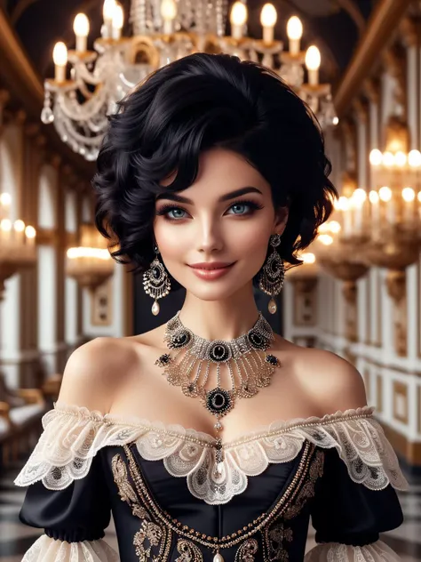 cinematic photo of a stunning woman, off-the-shoulder blouse with a delicate pattern, black hair, statement earrings, layered pendant necklace, lopsided smile, modern allure, magnetic presence, impeccably styled hair, haircut symmetry, mesmerizing texture, timeless style, edgy, classic bob cut with a modern twist, textured stands, hairstyle artistry,
 <lora:GeorgianStyleLocal:1> GeorgianStyle . 35mm photograph, film, bokeh, professional, 4k, highly detailed