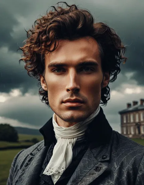 GeorgianStyle, Close-up portrait of a man, tense expression, stormy weather backdrop, dramatic lighting, reminiscent of Ansel Adams' work