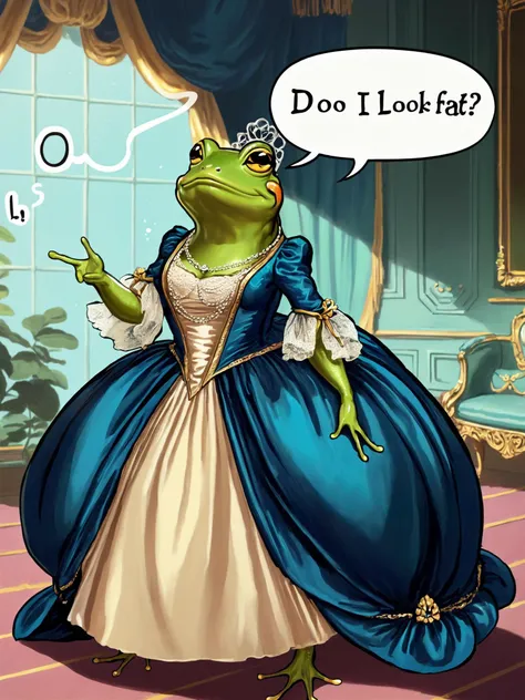 frog wearing long dress , speech bubble spells "DO I LOOK FAT ?", <lora:GeorgianStyleLocal:1> GeorgianStyle