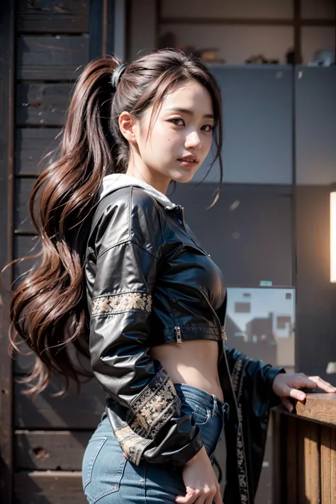 (realistic:1.3), finely detailed, quality, rembrandt lighting, (masterpiece:1.2), (photorealistic:1.2), (best quality), (detailed skin:1.3), (intricate details), dramatic, ray tracing, 1girl, japanese girl, 21 years old, detailed skin texture, (blush:0.5), (goosebumps:0.5), subsurface scattering, smiling, medium breasts, (mega ponytail, big hair, very long hair:1.2), cowboy shot, from side, (bright sunny day), <lora:mega_ponytail-1.0:0.8>
