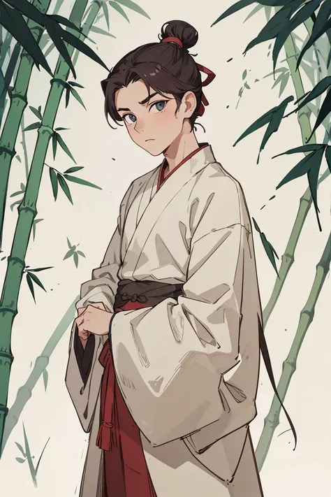 (4k, best quality, highres:1.1), (masterpiece:1.1), detailed eyes, looking at viewer, hanfu, (1boy:1.3), male_focus, chinese_clothes, solo, wide_sleeves, long_sleeves, topknot, robe, stand,looking_at_viewer, bamboo forest background , <lora:add_detail:0.2> , <lora:shuV2:0.4>, <lora:C_gongbi:0.2>