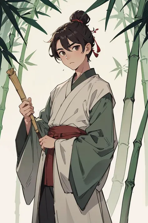 (4k, best quality, highres:1.1), (masterpiece:1.1), detailed eyes, looking at viewer, hanfu, (1boy:1.3), male_focus, chinese_clothes, solo, wide_sleeves, long_sleeves, topknot, robe, stand,looking_at_viewer, bamboo forest background , <lora:add_detail:0.2> , <lora:shuV2:0.4>, <lora:C_gongbi:0.2>