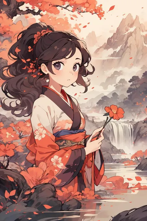 Hanfu,(masterpiece, best quality), 1girl, wavy hair, looking at viewer,holding a flower,upper body, floral print,ponytail, <lyco:GoodHands-beta2:1>,scenery,mountain waterfall background,<lora:add_detail:0.3> , <lora:_20230728200903:0.8>,5, <lora:shuV2:0.3>,