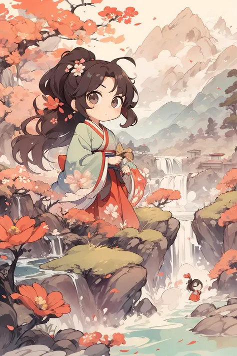 Hanfu,(masterpiece, best quality), 1girl, wavy hair, looking at viewer,holding a flower,upper body, floral print,ponytail, <lyco:GoodHands-beta2:1>,scenery,mountain waterfall background,<lora:add_detail:0.3> , <lora:_20230728200903:0.8>,5, <lora:shuV2:0.3>,(chibi:1.2),