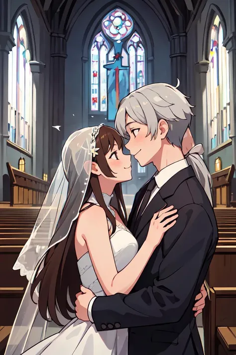 masterpiece,best quality,2others,couple,1man with 1woman,mature,Height difference,different hair color,happy,love,hug,upper body,long hair,brown hair and silver hair,fantasy,Church Wedding,looking at each other,scenery,<lora:GoodHands-vanilla:1>,