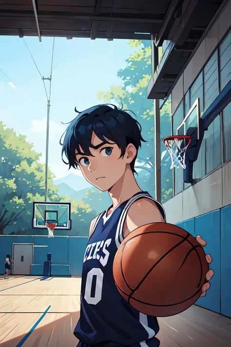 cinematic pose,masterpiece,best quality,1man,solo,male focus,looking at viewer,upper body,black hair,blue hair,Basketball Court,fantasy,scenery,<lora:GoodHands-beta2:1>,