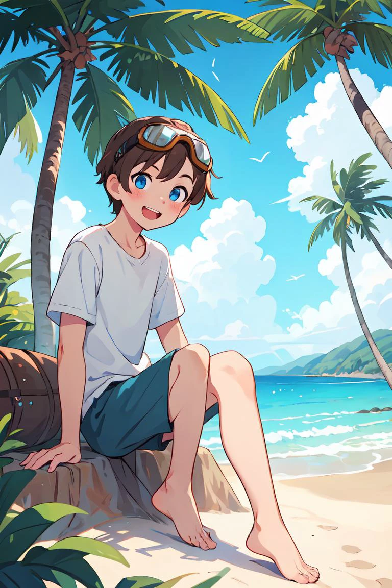 masterpiece,best quality,1man,solo,goggles on head,male focus,blue eyes,outdoors,barefoot,shorts,open mouth,smile,looking at viewer,sitting,beach,blush,tree,brown hair,sky,palm tree,ocean,day,fantasy,scenery,<lora:GoodHands-vanilla:1>,