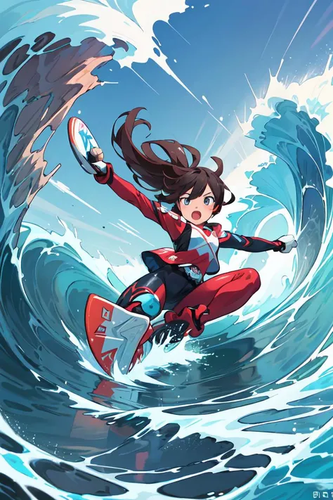 masterpiece,best quality,ultra detail,<lora:GoodHands-vanilla:1>,1girl,open mouth,facing at foot,ocean,big wave,<lora:RiderKick:0.8>,rider kick,<lora:more_details:0.3>,