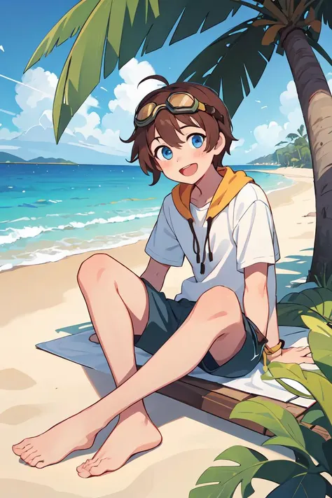 masterpiece,best quality,1man,solo,goggles on head,male focus,blue eyes,outdoors,barefoot,shorts,open mouth,smile,looking at viewer,sitting,beach,blush,tree,brown hair,sky,palm tree,ocean,day,fantasy,scenery,<lora:GoodHands-vanilla:1>,