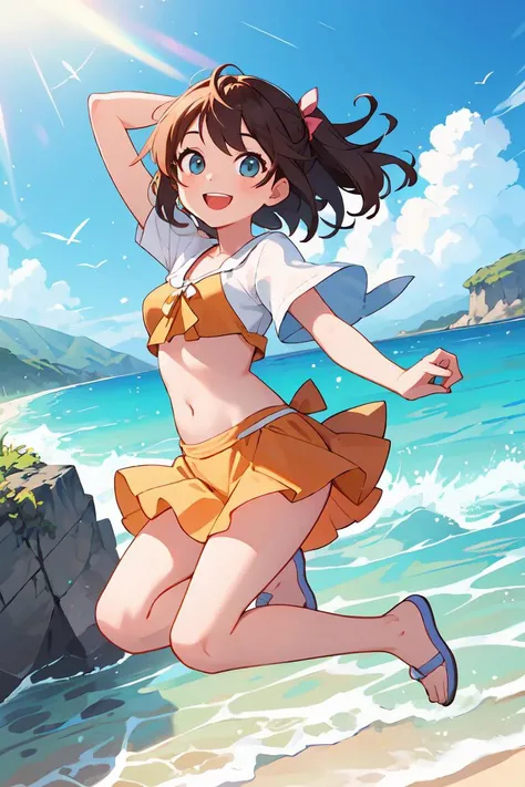 big jump in strong wind, She lifts up the under hem of her beige or white plain One-piece dress, leaning over, Climax, get ecstasy, masterpiece, very short pigtails,brown hair, Hair tie with two big red clothespins, mature, Female robot, android, blue eyes, full body figure, Height: 160cm, flushed cheeks, 2020s anime picture, missionary angle, A beautiful robot with short brown hair in two short pigtails held up by two very large huge red clothespins, Uplifting, No NSFW, whole body, barefoot, masturbate, Laughter, archaic smile, jumping orgasm, 25 years old, little bust, character sheet