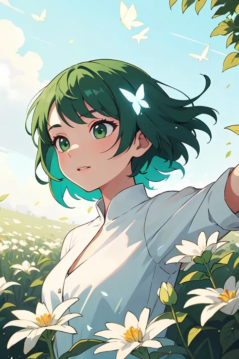 cinematic pose,High detail,super detail,super high resolution,girl with short green hair enjoying her time in the open field,surrounded by the beauty of nature,warm sun sprinkling on her,white flowers gently swaying in the breeze. Butterflies and birds flutter around her,adding to the playful atmosphere,<lora:GoodHands-beta2:1>,