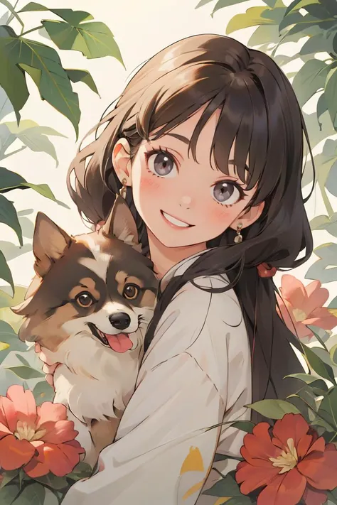 Two-shot photo of a girl and a dog, (Pet, Companion, Canine Friend), (Girl and Dog: The Unbreakable Bond), (With a girl petting a dog's head gently and laughing, Dog Protecting Girl's Side Poster of a Loyal and Friendly Dog), (Soft, natural light), (Sunlight filter), (Professional Photography), (Shaggy, golden retriever with wet noses), (Long, floppy ears), (Big, brown eyes full of love and loyalty), (Cute, wagging tail), (Comfortable, old denim shorts and a simple white t-shirt), (Outdoor, grass